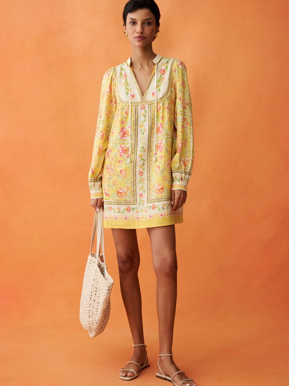 Naya Yellow Floral Border-Print Mini Dress